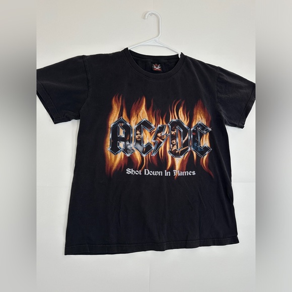 Vintage ACDC Shot Down in Flames T-Shirt Y2K Double Sided Black Band Tee Medium - Picture 4 of 10